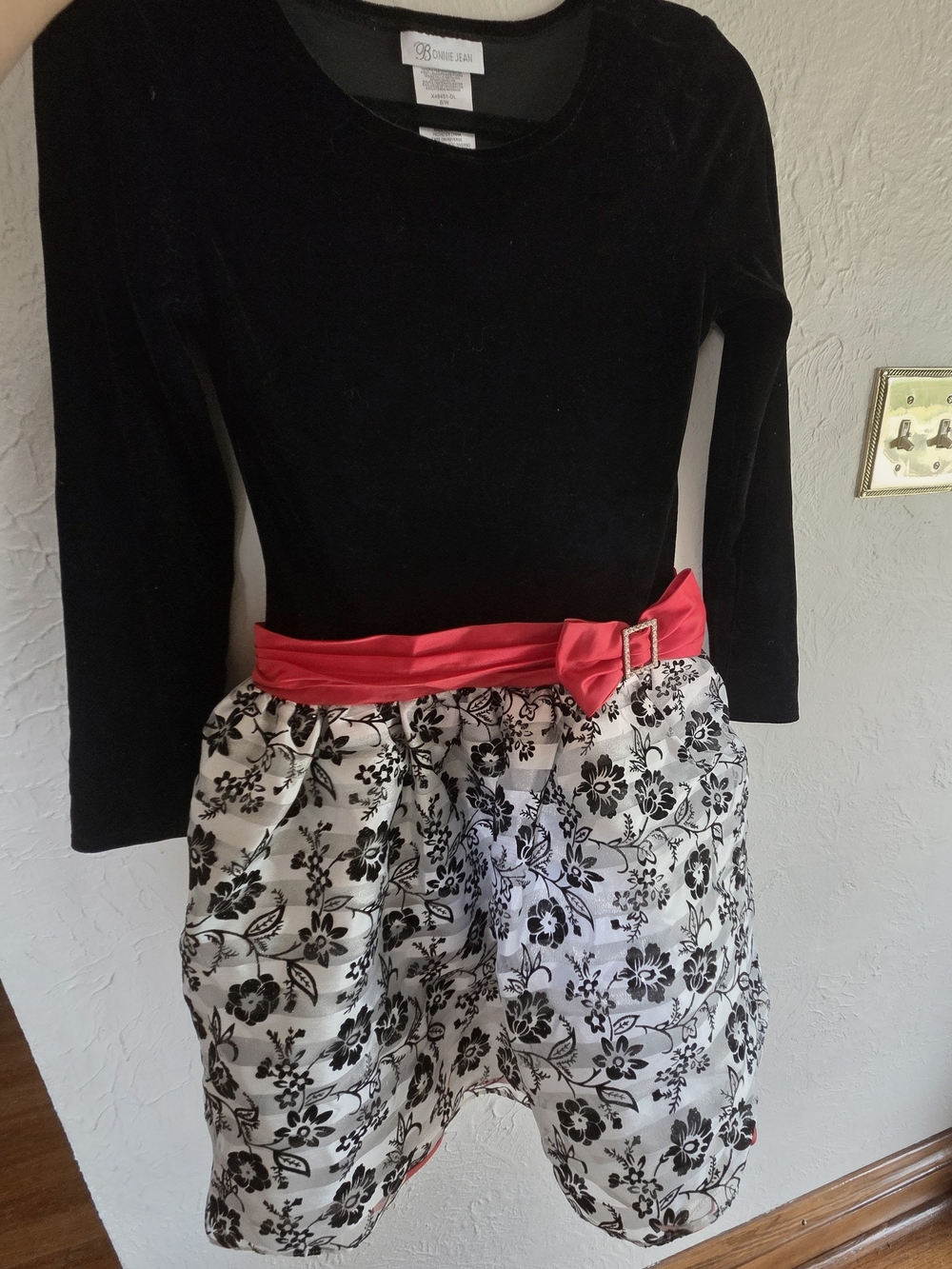 Bonnie Jean Black Velvet Top with White Floral Skirt and Red Sash
